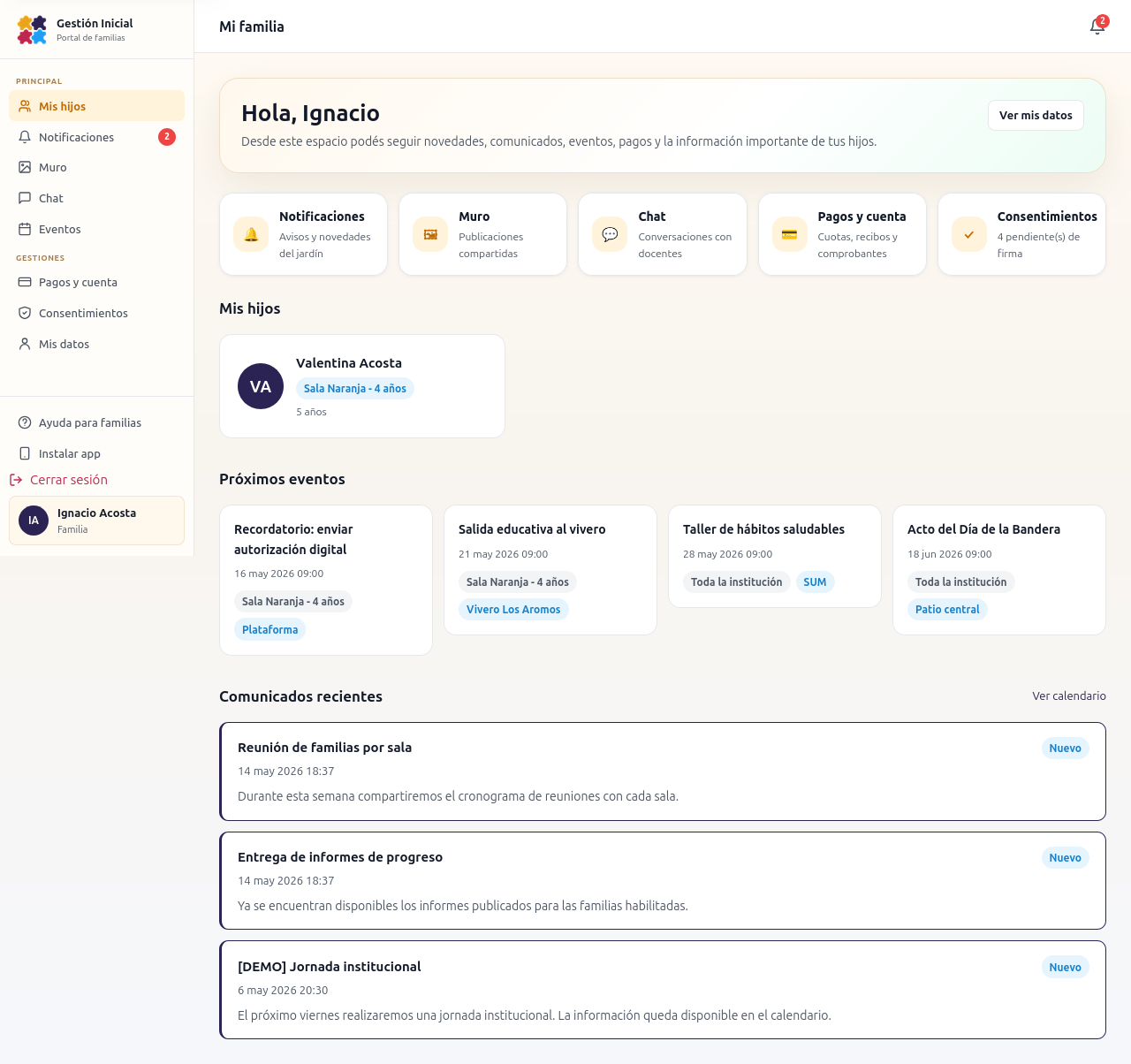 Portal para familias de Gestión Inicial